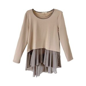 Comme Toi | Tan Herringbone Thermal Knit Layered Polka Dot Tunic Top, Medium